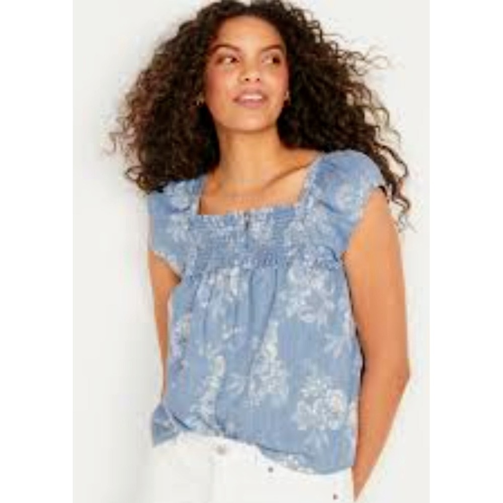 Old Navy Floral‎ Smocked Top Square Neck Blouse Blue White 4X NWOT